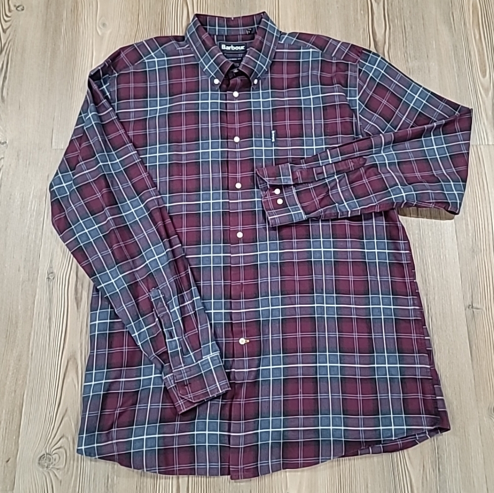 Barbour Button Down Shirt Men's XLarge Purple Tartan Plaid Print Tailored Fit.